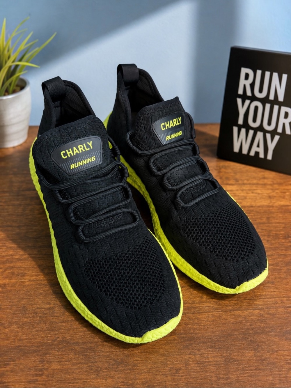 Charly Running Shoes Men’s‎ 10 Black Neon Yellow Knit Sneakers NWT